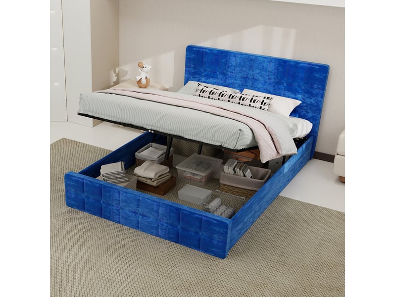  Lit double 140x200 cm avec matelas compatible, tête de lit capitonnée, cadre rembourré, velours bleu marine  - Conforama B