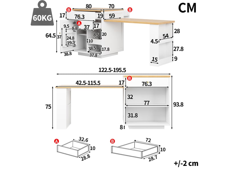 Îlot de cuisine 122,5 à 195,5 x 70 x 93,8 cm blanc en mdf et métal, plateau extensible et rangements intégrés - Conforama C
