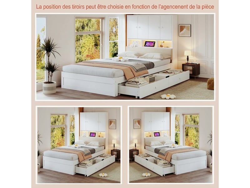  Lit multifonctionnel en bois 90 × 200 cm avec tête de lit rembourrée, rangements intégrés, étagères, éclairage led, prise électrique, tiroirs et sommier à lattes, blanc  - Conforama C