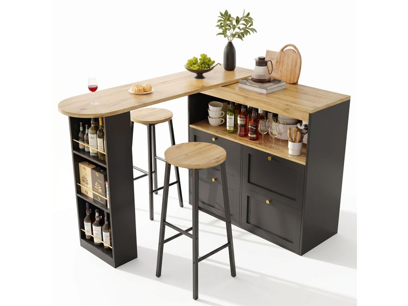  Buffet de cuisine noir,table bar rotation 360° avec 2 tabourets de bar et 4 tiroirs, design moderne, pratique,138x39x105cm  - Conforama A