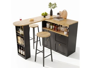 Buffet de cuisine noir,table bar rotation 360° avec 2 tabourets de bar et 4 tiroirs, design moderne, pratique,138x39x105cm