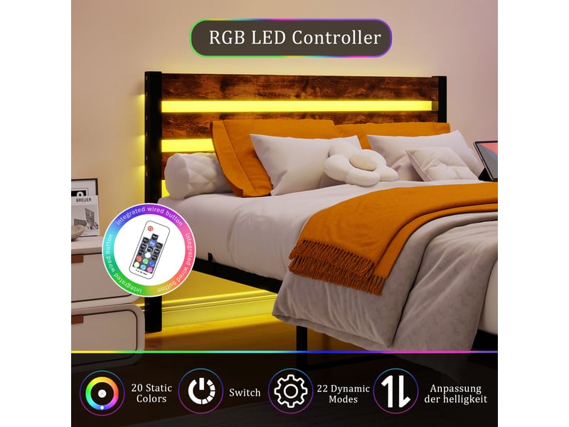  Lit double 140x200 cm avec tête de lit, cadre de lit adulte avec station de recharge usb et éclairage led, marron, lit pour adulte  - Conforama R