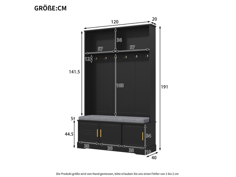  Meuble d'entrée avec banc, range-chaussures, étagère et 6 crochets triples pour couloir, noir, 120 × 40 × 191 cm  - Conforama E