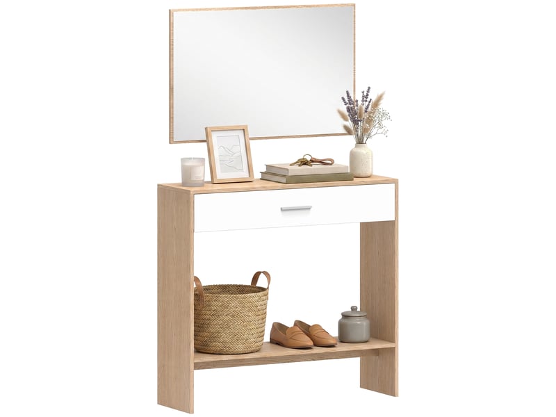  Console d'entrée avec miroir, tiroir et étagère, meuble d'entrée, 91,5 x 27,9 x 85,5 cm, chêne  - Conforama A