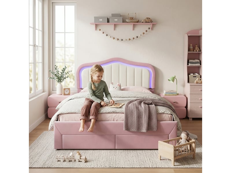  Lit enfant rembourré 140 x 200 cm, 2 tiroirs au pied, dossier blanc et éclairage led connecté, rose evarich - Conforama B