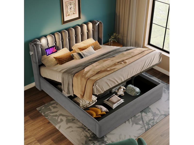  Lit coffre tcqpz double 160 x 200 cm avec liseuse, fonction charge usb, tête de lit avec rangement, velours gris  - Conforama E