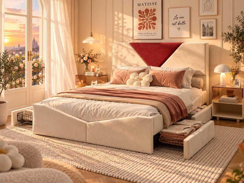  Lit coffre 140x190 cm - rangement sous lit - revêtement tissu - tête de lit bicolore rembourrée - sommier à lattes inclus  - Conforama B