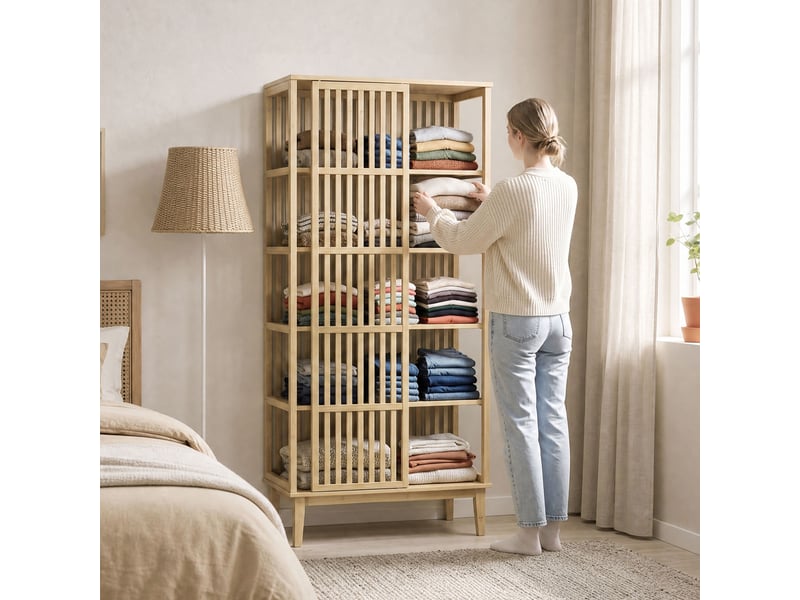  Armoire en bambou à 5 étagères et porte coulissante, design ajouré, bois naturel  - Conforama C