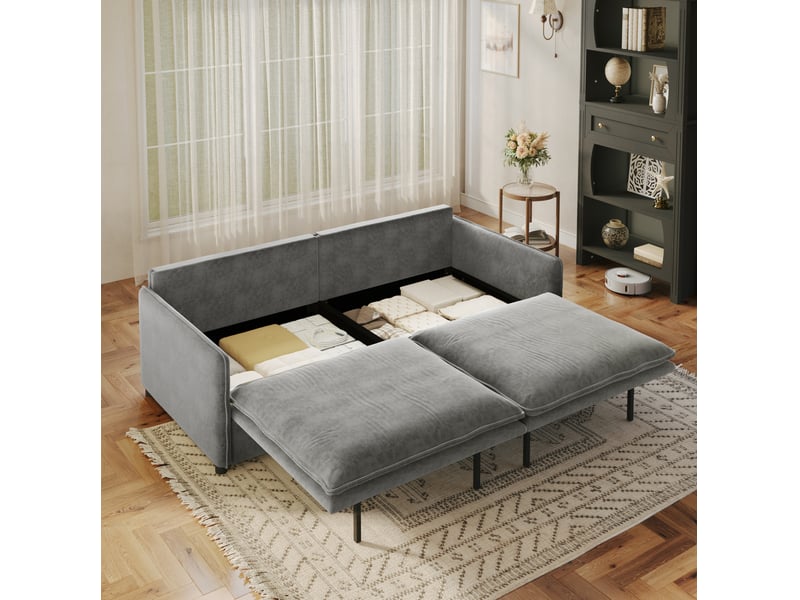 Canapé-lit 3 places 206x91x86 cm 3-en-1, convertir, tissu couleur gris clair, mousse et bois, design moderne - Conforama E