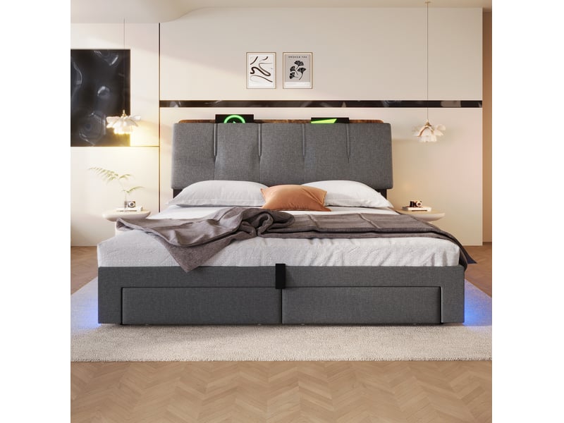  Lit coffre 140x200 cm avec led et tiroirs, usb et type-c coloris gris  - Conforama D
