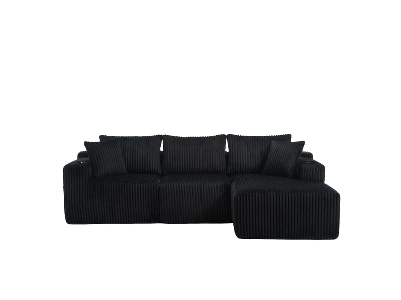  Canapé modulaire ulevr 3 places avec méridienne, velours côtelé noir, poches latérales et porte-gobelets, 257 x 160 cm  - Conforama A
