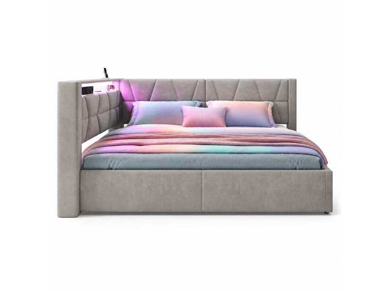 Lit coffre 90x200 cm, métal, velours gris foncé, équipé de sommier à lattes, de tête de lit en l, de led, de port usb et de type-c, sans matelas  - Conforama A