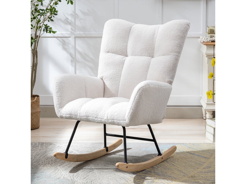  Fauteuil à bascule - 65x77x90cm - fauteuil rocking chair tissu bouclette teddy avec poche et pieds bois massif - blanc  - Conforama C