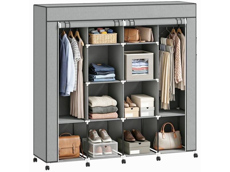  Armoire en tissu 2 tringles 10 compartiments à roulettes gris 166 x 42,5 x 167 cm  - Conforama B