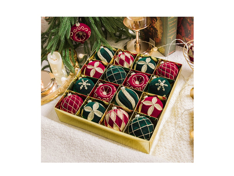  Lot de 16 boules de noël velours bordeaux foncé + vert foncé, 8cm – paillettes dorées, décoration pour sapin et fêtes  - Conforama E