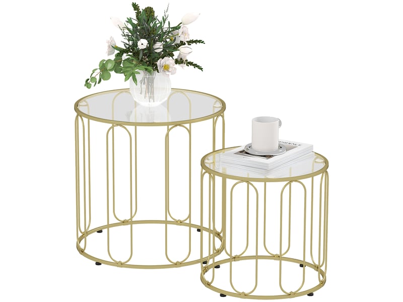  Lot de 2 tables basses gigognes rondes aosenyunzhou plateau verre et métal doré bout de canapé salon T1003-01-10803 - Conforama C