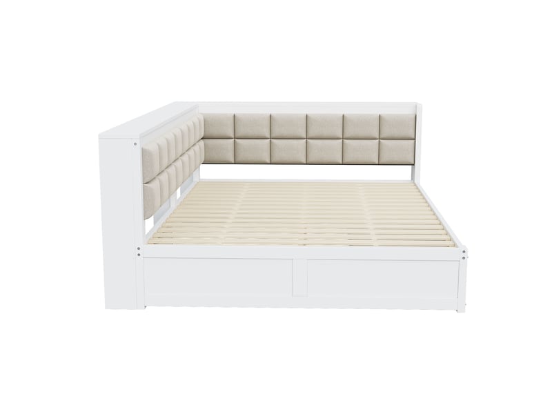  Lit enfant 140x200 cm, canapé-lit avec dossier, 2 tiroirs, rangement et sommier, pin, blanc, sans matelas  - Conforama E