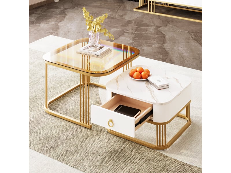  Tables basses gigognes avec 1 tiroir, plateau effet marbre brillant et verre brun, en mdf, blanc et or - uvrion  - Conforama B