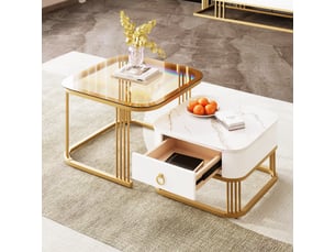 Tables basses gigognes avec 1 tiroir, plateau effet marbre brillant et verre brun, en mdf, blanc et or - uvrion
