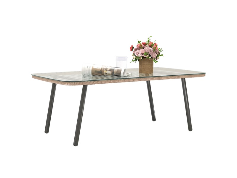 Table basse de jardin, table d'appoint extérieur résine tressée couleur bois naturel 110x60x40cm - Conforama B