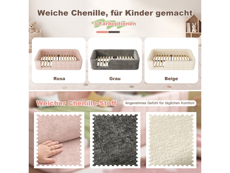  Lit enfant rembourré 90x200 cm, lit au sol en chenille douce, barrière de protection tout autour, accès bas, gris  - Conforama E