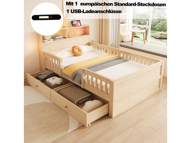  Lit enfant 90 × 190 cm 1 place avec 2 tiroirs, usb, type c et lampe de lecture, sans matelas, bois naturel  - Conforama E