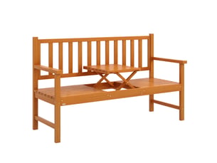Banc de jardin avec table centrale relevable et accoudoirs, en bois, 153 x 56 x 91 cm, marron clair