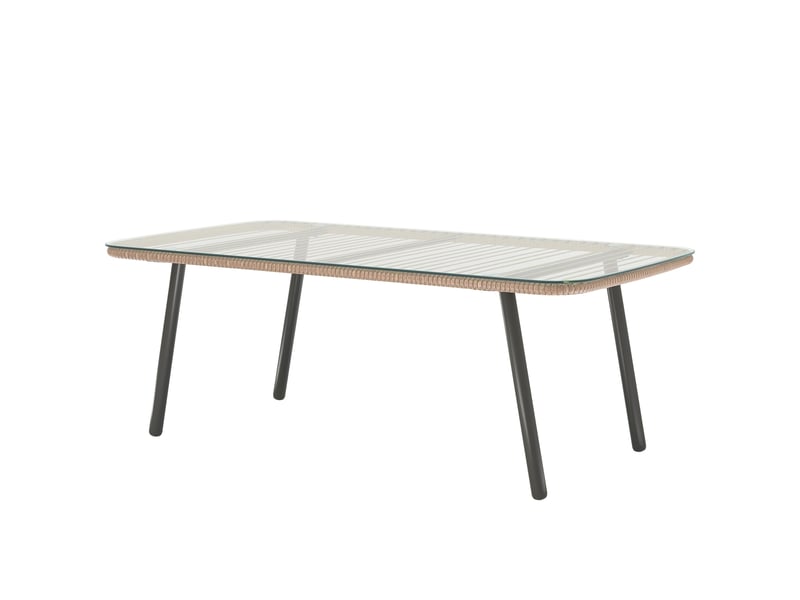  Table basse de jardin, table d'appoint extérieur résine tressée couleur bois naturel 110x60x40cm  - Conforama A