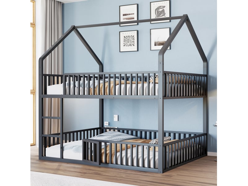 Lit superposé 140x200 garde-corps porte ouvrante échelle frontale métal robuste noir 1 sommier sans matelas - Conforama D