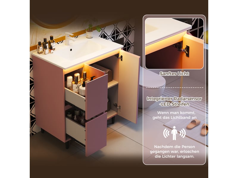  Meuble vasque avec led et 2 tiroirs mdf et céramique rose 76 x 47 x 89 cm  - Conforama D