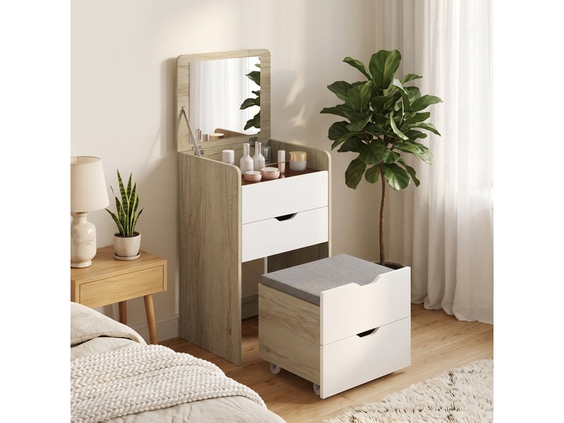  Station de maquillage 3 en 1 avec miroir pliant et tabouret, chêne blanc  - Conforama D