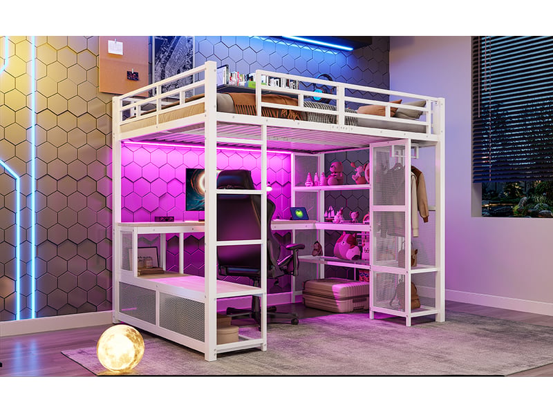 Lit mezzanine double 140×200 cm bureau, usb et led réglable - sans matelas métal mdf - blanc - Conforama E