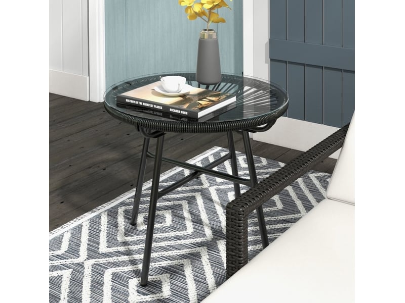  Table d'appoint de jardin 50 x 50 x 50 cm noire, résine tressée, verre trempé, style bohème extérieur  - Conforama B