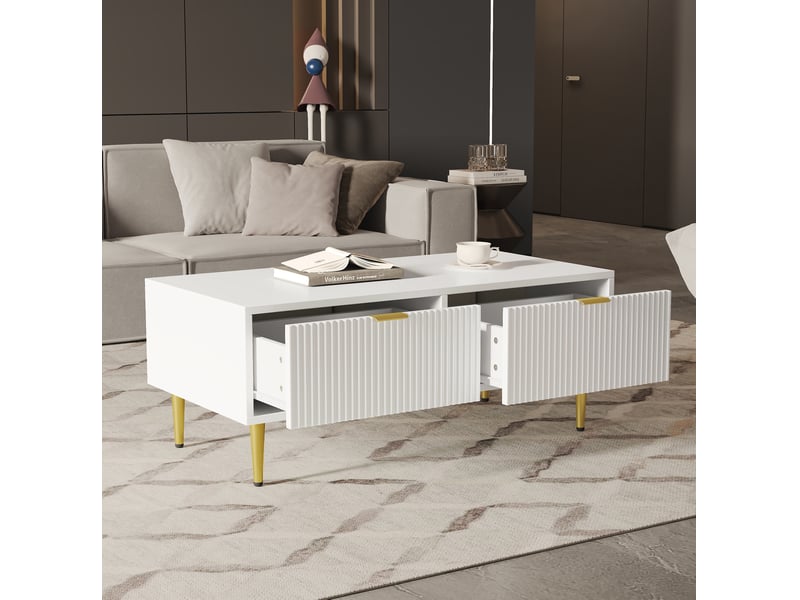  Table basse 100x50x40 cm avec 2 tiroirs en mdf blanc et accents dorés  - Conforama D