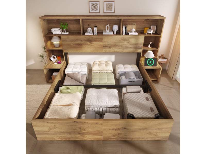 Lit coffre chêne 180x200 cm avec chevets, led, usb et type-c Fay Lum - Conforama E