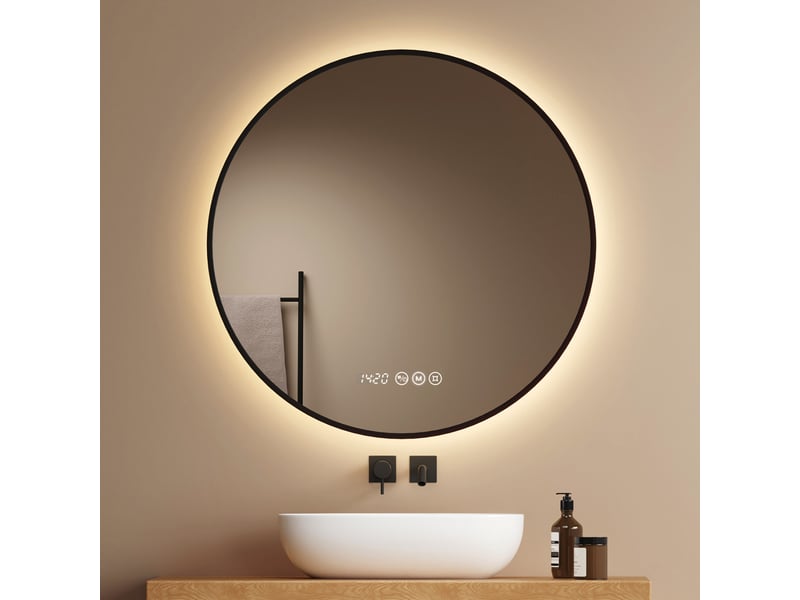 Emke miroir de salle de bain led rond 80x80 cm cadre noir, anti-buée, horloge, tactile, température de couleur et luminosité réglables - Conforama B
