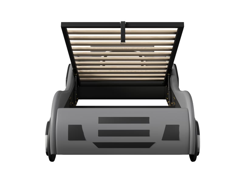 Lit voiture enfant gris 90x200 cm avec lattes et rangement hydraulique, sans matelas - Conforama E