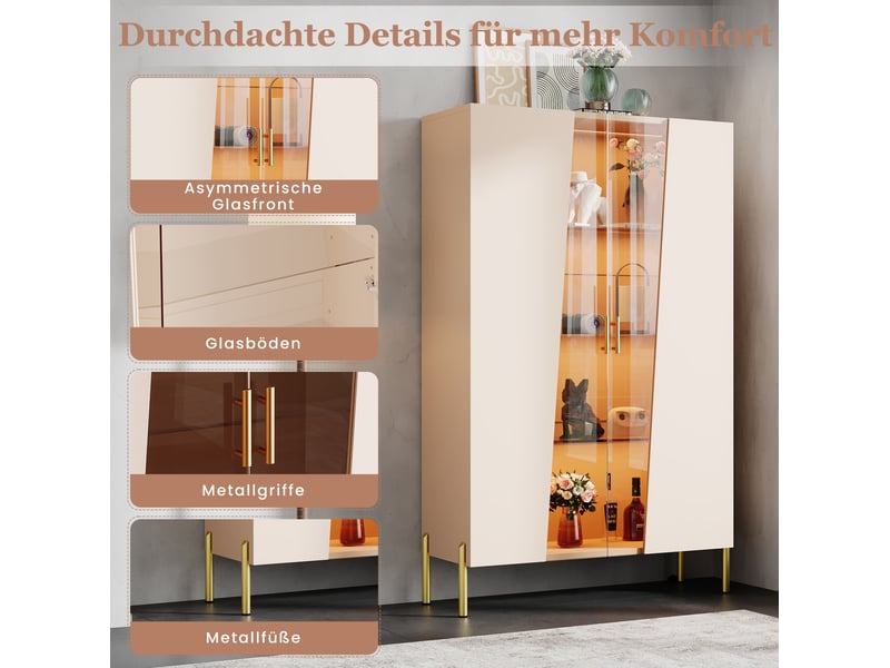 Vitrine led, porte en verre asymétrique, 3 étagères réglables et pieds métal, pour séjour 72 × 40 × 145 cm - Conforama E