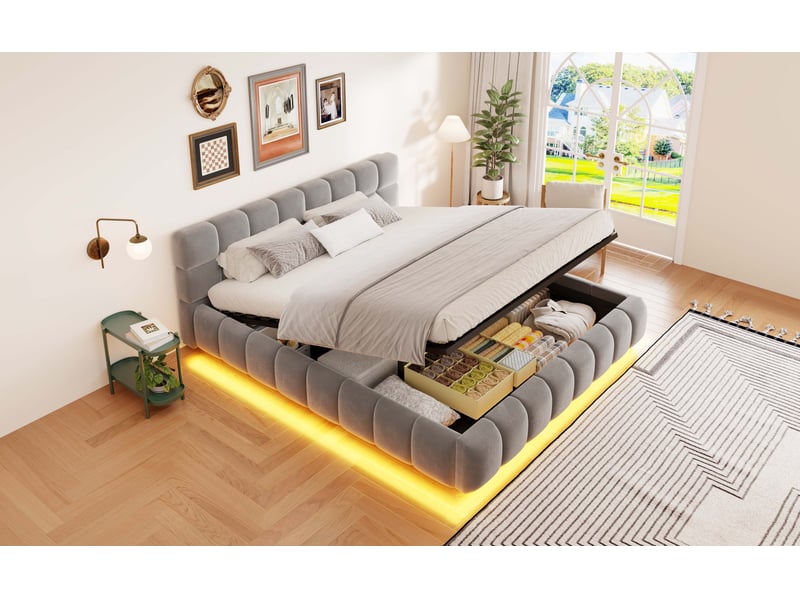  Lit coffre double 160 x200 cm avec lumineuse led , sommier à lattes, revêtement en velours, gris  - Conforama D