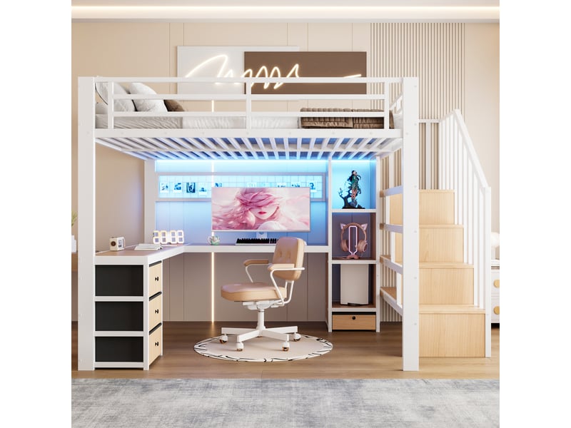 Lit mezzanine 140 × 200 cm 2 places avec bureau, 4 tiroirs, led et escaliers de rangement, sans matelas, blanc - Conforama C