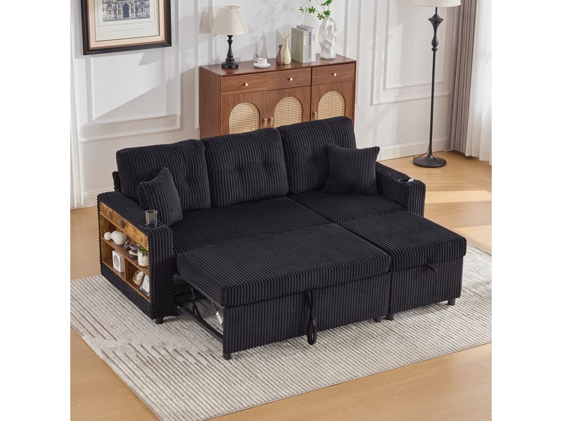 Canapé convertible velours côtelé 3 places avec rangement, lit invité, led, port usb-c et porte-gobelet, 196 cm, noir - Conforama D
