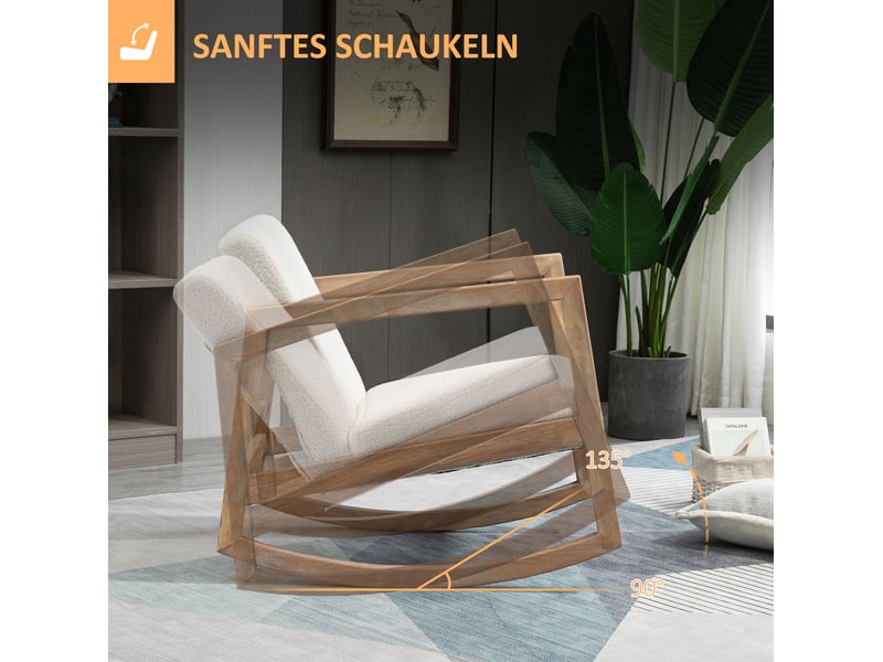 Fauteuil à bascule relax avec dossier rembourré et structure en bois de caoutchouc, polyester blanc crème - Conforama E