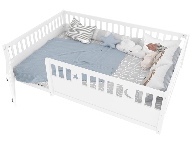 Lit enfant 140x190, lit avec barrière de sécurité en bois de pin, cadre avec décoration étoile et lune, blanc, sans matelas  - Conforama A