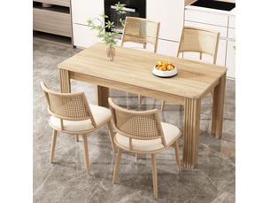 Lot de 4 chaises de salle à manger beige, assise en pu et dossier en rotin