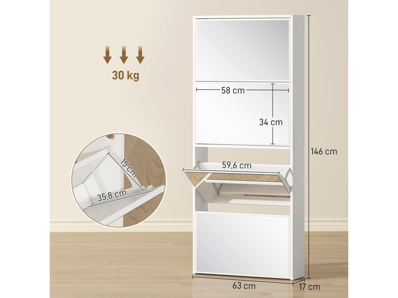  Meuble à chaussures étroit avec miroir et 4 portes battantes pour 12 paires de chaussures, 63 x 17 x 146 cm, blanc  - Conforama D