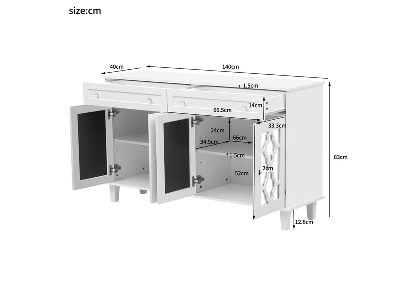  Buffet avec 4 portes miroir, 2 tiroirs et étagère réglable pour salon en mdf 140×40×83 cm blanc  - Conforama E