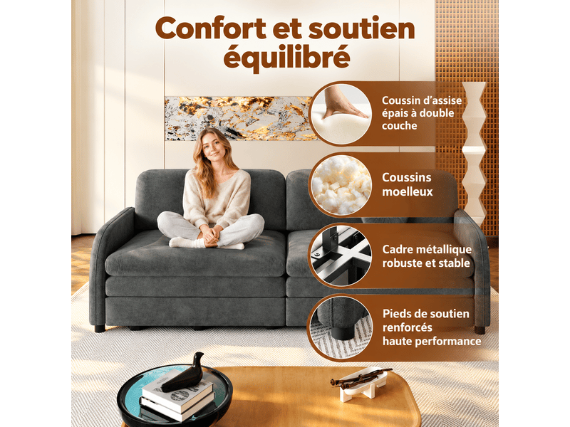  Canapé convertible 3 places 206 cm, 3-en-1 extensible avec rangement, couchage double, coussins amovibles, chenille, gris OMNIGLINT TRADING LTD - Conforama E