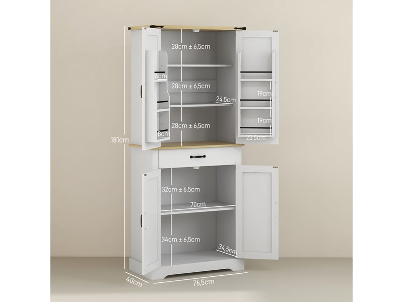  Armoire de cuisine buffet cuisine, 6 étagères à porte,1 tiroir et étagères réglables 76,5 x 40 x 181 cm blanc, 4 portes  - Conforama C