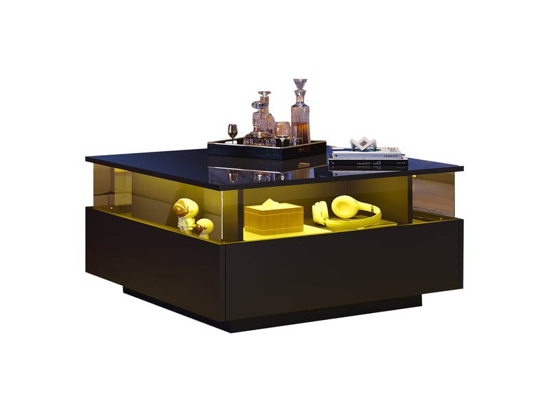  Table basse led noire brillante 70x70x41 cm, table de salon carrée avec 2 tiroirs  - Conforama A
