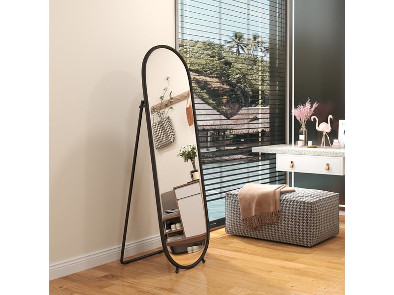  Grand miroir sur pied, miroir ovale, cadre en métal noir, avec support pour entrée, chambre, dressing, 40 x 160 cm  - Conforama C
